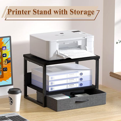 MARTY Printer Stand with Storage Drawer for Desk, 2-Tier Desktop Printer Stand Shelf Organzier for Home Office Printer Riser Under Desk Small Printer Table for Fax Machine Copier Scanner (Black)
