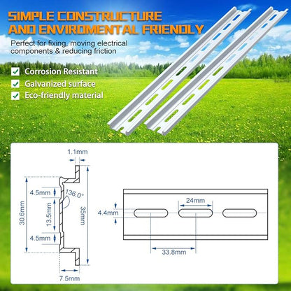 2 Piece VAMRONE Aluminum DIN Rails, 12 Inch Long, 35mm Wide, 7.5mm High, Top Hat Slotted DIN Rail with RoHS, Extra Premium Screws Included for Hardware Components Mounting