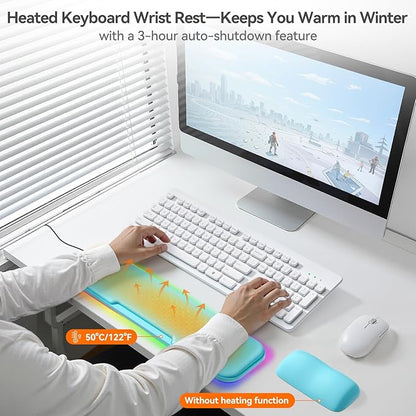 2-in-1 Heated Wrist Rest Set, Ergonomic Memory Wrist Pad with RGB Lights and Non-Slip Base, Keyboard Mouse Wrist Rest for Computer Laptop Office Work and PC Gaming
