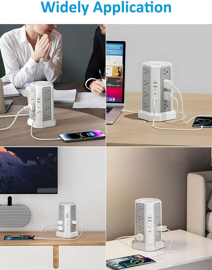 Surge Protector Power Strip with PD20W USB C,13A Thicker Extension Cord with Multiple Outlets 6FT Fararaka Tower Power Strip with USB Ports 2A2C,16AC,Office Supplies Dorm Essentials