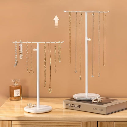 Josmimic White Necklace Holder Jewelry Organizer Stand – Adjustable Height T‑Bar Jewelry Display with White Marble Base, Necklace & Bracelet Holder, Countertop Jewelry Tree