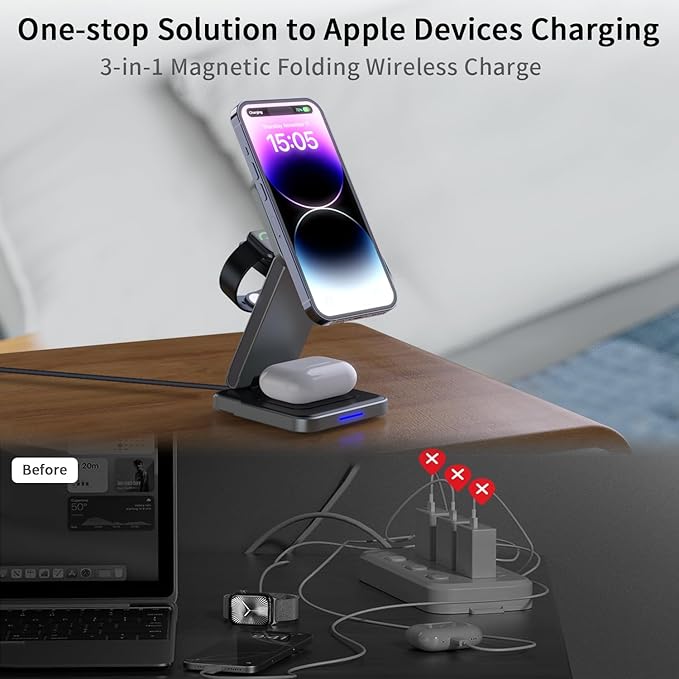 3 in 1 Magnetic Wireless Charger Station for iPhone 16/15/14/13/12 Series Mag-Safe Charging Station for Apple Watch Series 10-2/Ultra2/1/SE Foldable Wireless Charger for AirPods 4 3 2 1 Pro
