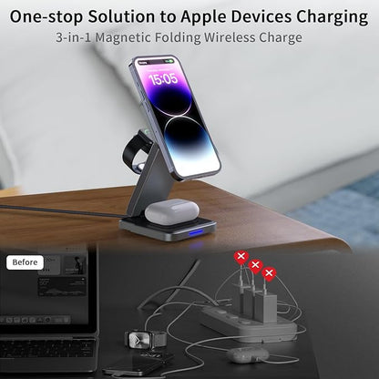 3 in 1 Magnetic Wireless Charger Station for iPhone 16/15/14/13/12 Series Mag-Safe Charging Station for Apple Watch Series 10-2/Ultra2/1/SE Foldable Wireless Charger for AirPods 4 3 2 1 Pro