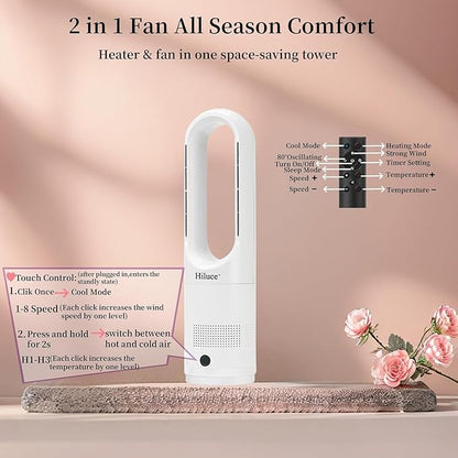 Hiluce All Season Bladeless Fan, 1400W Space Heater & 40W Tower Fan Combo with Remote,25dB Quiet Heater Fan Combo for Indoor Use,Tip Over and Overheat Protection 80°Oscillation,8Levels, 9H Timer,22"