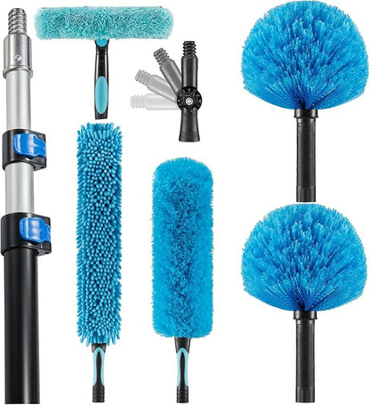 Hicavar High Ceiling Fan Duster with 5-8 Foot Extension Pole, Extendable Reusable Cobweb, Feather, Window Cleaning Squeegee Kit