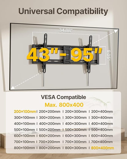 monTEK Heavy Duty Tilting TV Wall Mount for 43-95 Inch TVs, 200 lbs Capacity, 1.65" Slim Low Profile Wall Bracket, Max VESA 800x400mm Fits 16"/18"/24" Studs, Space-Saving for Large Flat & Curved TVs