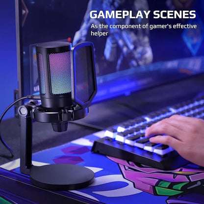 Fifine USB Microphone for PC Gaming, Computer Desktop Streaming Microphone with Mute Button, Gain Knob for Video Podcast, RGB Mic for PS4/PS5, Laptop A6NEO