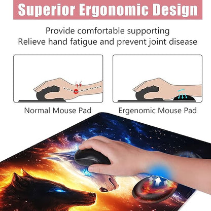 BFUKVOU Large Keyboard Mouse Pad Set, Extended Mouse Pad+Keyboard Wrist Rest Support, Memory Foam Ergonomic Easy Typing, 4Pcs (31.5×11.8 in) Desk Pad Set for Office Home,Cool Wolves