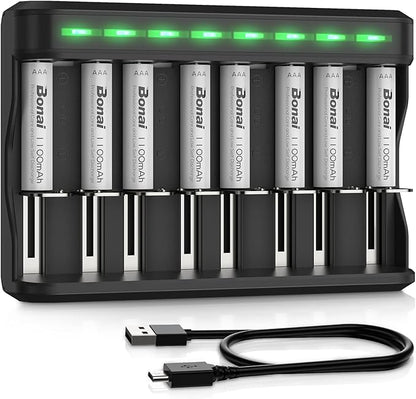 BONAI AAA Rechargeable Batteries, 8 Pack 1100mAh NiMH Batteries with Smart Universal Battery Charger
