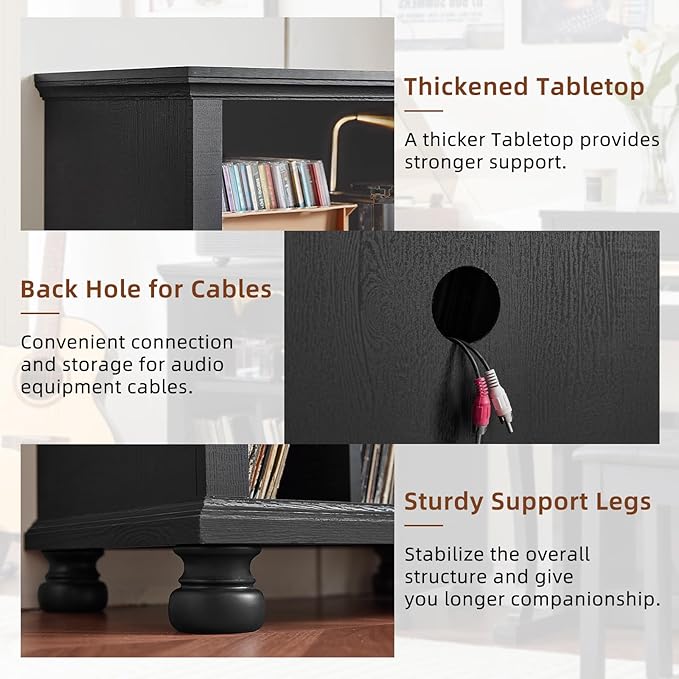Joaxswe Record Player Stand with Vinyl Record Storage, 24" Wide Mid-Century Record Player Table Up to 200 Albums,Large Wood Turntable Stand Cabinet Dispaly Shelf for Living Room,Bedroom,Black