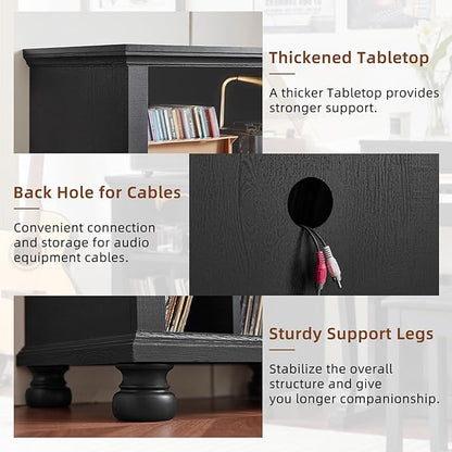 Joaxswe Record Player Stand with Charging Station Up to 200 Albums, 24" Wide Mid-Century Record Player Table with Vinyl Record Storage,Large Wood Turntable Stand Dispaly Cabinet for Living Room,Black
