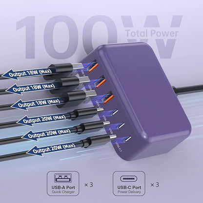 USB C Charger Block, 100W GaN 6 Port PD USB C QC USB A Wall Charger Adapter Plug Cube, Super Fast Type C Charging Station Hub for iPhone 17 16 15 14 Pro Max iPad Samsung Pixel