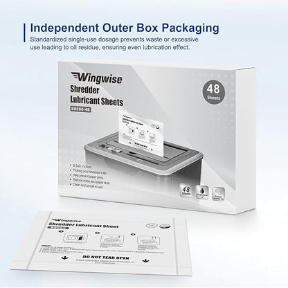 Wingwise 48-Pack Shredder Lubricant Sheets, 8.5 x 6 Inches, Sharpens Blades & Extends Shredder Life, Mess-Free Maintenance for Heavy-Duty Use