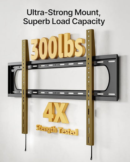 monTEK Heavy Duty Fixed TV Wall Mount Bracket for 60–120" Flat & Curved TVs up to 300lbs, 4× Load Tested, Ultra Slim 1.3" Low Profile, Max VESA 900x600, Quick-Release Lock, Fits 16"/18"/24" Wood Studs