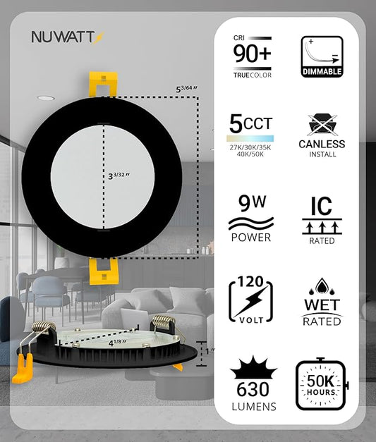 NUWATT 6 Pack, 4 Inch Ultra-Thin LED Recessed Lighting Black, 5CCT 2700K/3000K/3500K/4000K/5000K Selectable, 630LM, 9W, IC Rated, Dimmable Canless Wafer Light, Damp Rated Pot Lights with Metal J-Box