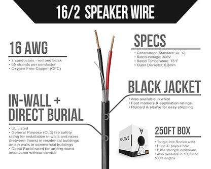 Voltive 16/2 Speaker Wire, in-Wall CL3 & Direct Burial, Black, 250ft - 16AWG, 2 Conductors, Stranded Oxygen-Free Copper, UL Listed - V-1210-3