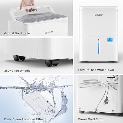 Waykar 2000 Sq. Ft. Energy Star 2025 Dehumidifier for Basement & Home, Adjusts from 15% RH With Drain Hose, Ultra Quiet 35 dB for Bedroom & Bathroom