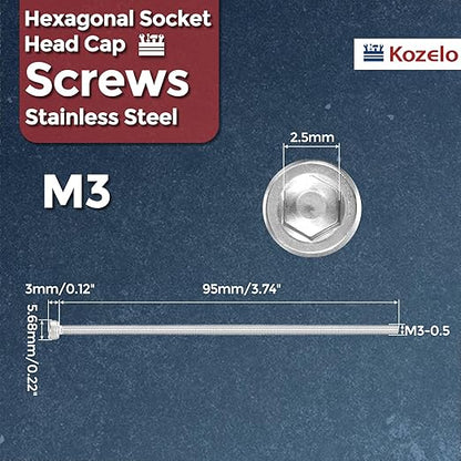 Kozelo 5pcs Socket Head Cap Screws - [M3-0.5 x 95mm] 304 Stainless Steel Allen Socket Drive for Electrical Motor 3D Printing Fan Engine Replacement Use, Silver