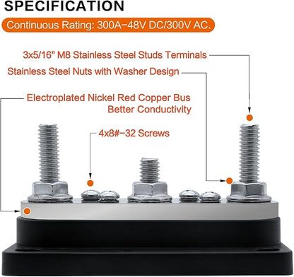 AMOMD 300A Bus Bars 3 Terminal Studs (5/16 inch) M8 4x8#-32 Screws Nickel Plated Copper Distribution Block Negative Electrical Buss Bars 12-48 V DC with Cover for Trailer Marine Boat Car RV (Black)