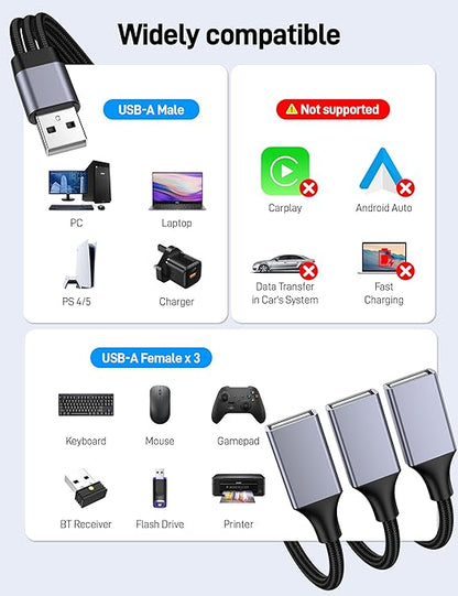 KAYQINHO USB Y Splitter, 3.3FT USB A Male to 3 Female Extension Cable, USB Splitter 1 in 3 Out Support Charging and Data Transfer for Printer/Keyboard/Flash Drive/PlayStation/Laptop/LED Etc.