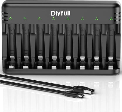 Dlyfull 8 Bay AA AAA Battery Charger with USB-C High-Speed Charging, Independent Slot for 1.2V Ni-MH Ni-CD Rechargeable Batteries, Cable Included