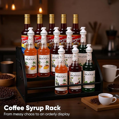 STAEVER Coffee Syrup Rack- Extra Large for 15 Syrup Bottles Holder- Rustic Countertop Display Shelf for Liquor Bottles, Coffee Bar, Kitchen Cabinet- Pantry Storage for Water Bottles, Spirits & Whiskey
