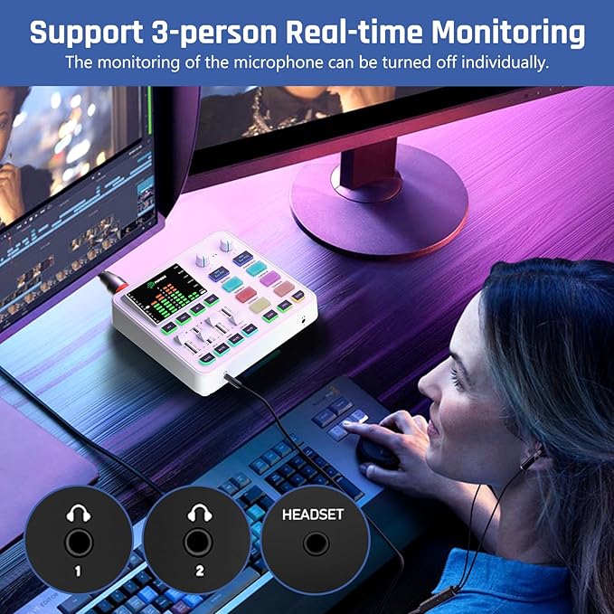 PUPGSIS qwe Gaming Audio Mixer, Audio Interface for PC/Podcast/Streaming, Sound Board with 3.5mm/XLR Mic Input, 48V Phantom Power, Voice Changer, Live Sound Card with DJ Mixer Effects(White)