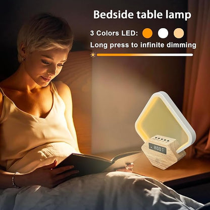 Wood Sunrise Alarm Clock with White Noise Machine 3 Color Night Light 15 Soothing Sounds Sleep Aid 30/60/90min Timer 10 Alarm Ringtones USB C PD Phone Charger Anniversary Birthday Gifts for Women Men