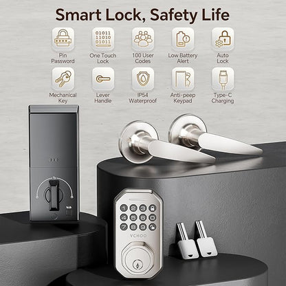 VCHOO Keyless Entry Door Lock Set Smart Locks for Front Door Keypad Door Lock with Handle Auto Lock One Time Password Anti Peeping Password IP54, Satin Nickel