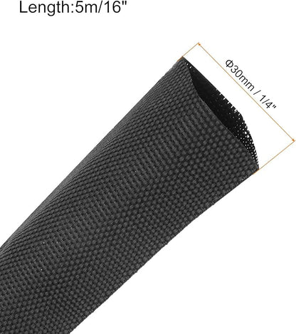 MECCANIXITY Braided Cable Sleeves Heat Shrinkable Fabric Sleeving, 1 1/4" 16ft Black 2:1 Ratio Heat Shrinkable Cord Protector for Harness Cable, Network Cable Protection, Cable Management