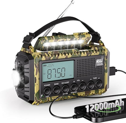 Emergency Radio 12000, Auto Digital Weather Radio Portable AM FM SW NOAA, Battery Operated Rechargeable Solar Hand Crank Radio with Flashlight, Cell Phone Charger, SOS, Type C Adapter