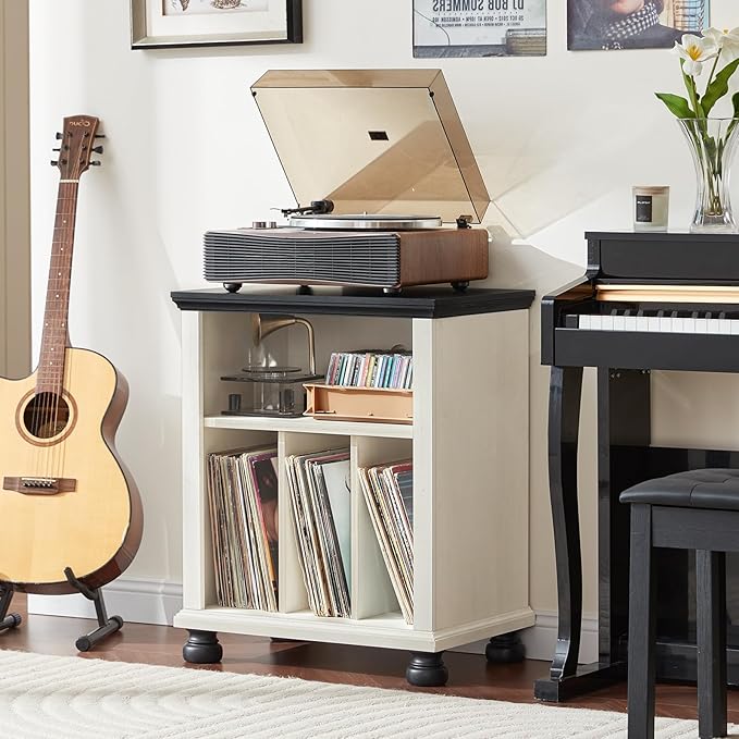 Joaxswe Record Player Stand with Vinyl Record Storage, 24" Wide Mid-Century Record Player Table Up to 200 Albums,Large Wood Turntable Stand Cabinet Dispaly Shelf for Living Room,Bedroom,White