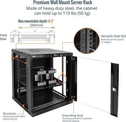 Tecmojo 12U Wall Mount Rack with Thermostat, 17.7inch Depth Enclosed Server Cabinet with 2 Cooling Fans,Lockable Door & Hardware,12U Rack for 19inch Equipments,Glass Door