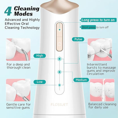 FlossJet Water Dental Flosser Cordless Oral Irrigator with 300ml 5 Tips 4 Modes USBCharger Portable Travle Irrigation Cleaner IPX7 Electric Irrigador Dental for Teeth Cleaning (White)