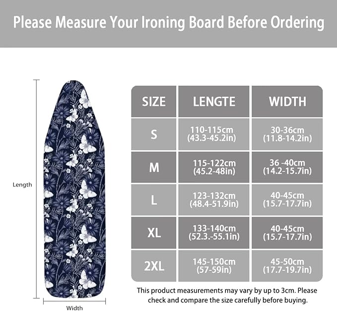 ZCFYGDX Ironing Board Covers Butterfly Blue Flower Print Lightweight & Breathable Anti-Slip & Wear-Resistant (15 x 54 in) Hook & Loop Elastic Edge Easy to Install, Scorch Resistant Decor Size-XL