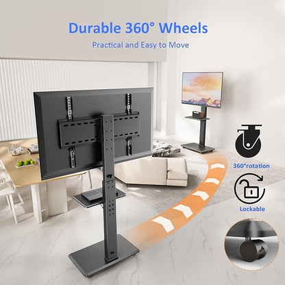 Rolling TV Stand, Mobile TV Cart for 32-75 Inch TVs up to 110 lbs, 18 Adjustable Heights, TV Floor Stand with Swivel Mount & Shelf, Max VESA 600x400mm, TV Stand on Wheels for Bedroom, Office, Outdoor