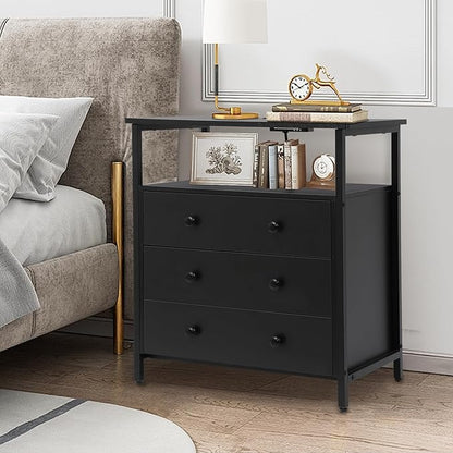Edbuosy 3 Wooden Drawers Night Stand, 27 Inch Wide Nightstand with Charging Station and Adjustable Drawers, Small Dresser for Closet, Bedside Table for Living Room/Bedroom/Office