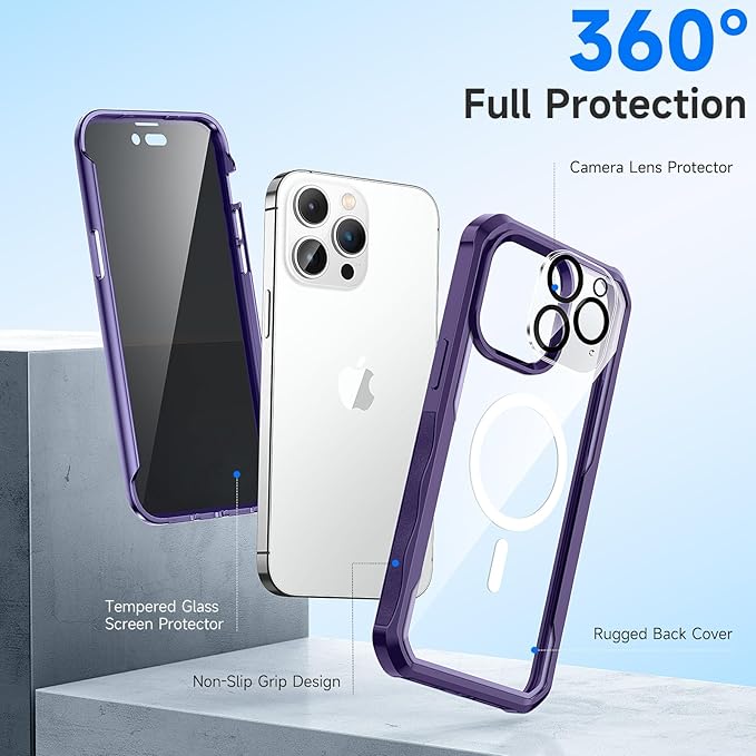 seacosmo for iPhone 14 Pro Case, Full Body Bumper with Built-in 9H Tempered Glass Privacy Screen Protector and Camera Lens Protector, Compatible with MagSafe, Shockproof Phone Case, 6.1", Purple