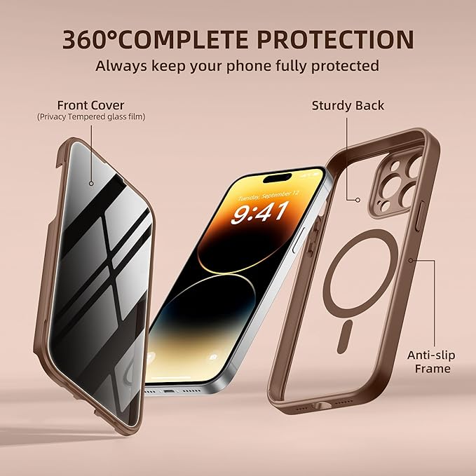 BERFY Magnetic for iPhone 14 Pro Max Case, Compatible with MagSafe, Built-in Privacy Screen Protector and Upgraded Camera Protection,Anti-Spy Full Body Shockproof Phone Case for 14 Pro Max,Desert Gold