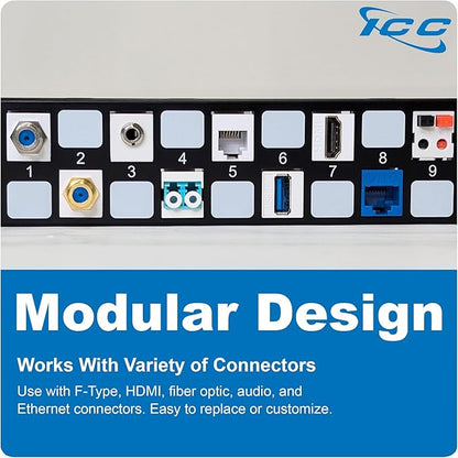 ICC 24 Port Blank Keystone 1U Patch Panel with 19” Metal Rackmount Housing, Staggered Ports to Reduce ANEXT, Works with Wide and Slim Profile Keystone Jacks (Sold Separately), UL Listed, IC107BE241