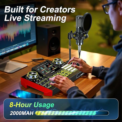 Podcast Microphone Bundle with Live Sound Card Audio Mixer, Podcast Equipment Bundle Sound Board with 3.5mm Condenser Microphone(P15) for Pc/Phone Live Streaming Singing Gaming,Voice Changer, Denoise