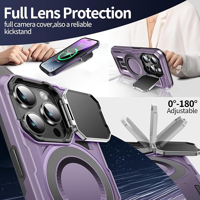 Camera Stand Case for iPhone 14 Pro Max, [Compatible with Mag Safe] [Lens Cover] 2024 Version Military Grade Protective Soft Case for iPhone 14 Pro Max 6.7 inch Men Women, Purple