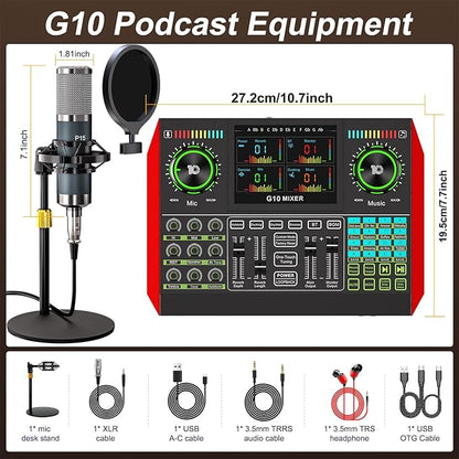 Podcast Microphone Bundle with Live Sound Board Audio Mixer, Podcast Equipment Bundle with 3.5mm Condenser Microphone(P15) for Pc/Phone Live Streaming Singing Gaming, Voice Changer, Denoise