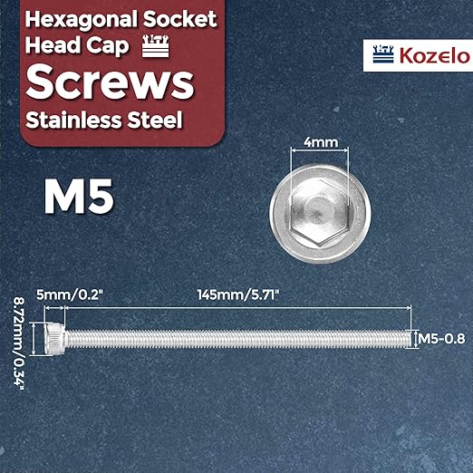Kozelo 4pcs Socket Head Cap Screws - [M5-0.8 x 145mm] 304 Stainless Steel Allen Socket Drive for Electrical Motor 3D Printing Fan Engine Replacement Use, Silver