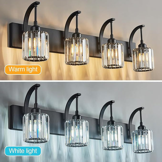FDPBY 4-Light Crystal Vanity Light, Modern Black Bathroom Wall Sconce with K9 Crystal Shades, 32.67" Long Over Mirror Lighting for Vanity, Makeup, Hallway, Elegant & Easy Install