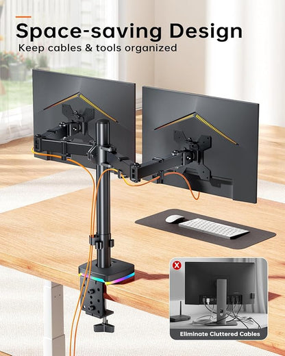 RGB Dual Monitor Desk Mount, Monitor Stand with 3 USB Ports, Charging and USB Data Transfer Function, Adjustable Arms for 13"-27" Monitors up to 17.6lbs, VESA 75x75mm 100x100mm, Ergonomic Design