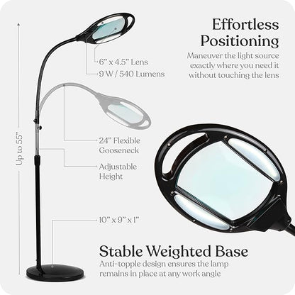 Brightech LightView Pro Magnifying Floor Lamp - Hands Free Magnifier with Bright LED Light for Reading - Work light With Flexible Gooseneck - Standing Mag Lamp