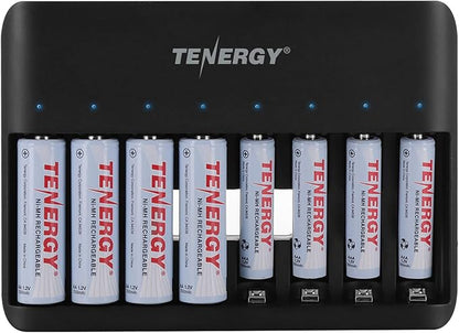 Tenergy TN477U 8-Bay Fast Charger for NiMH/NiCD AA AAA Rechargeable Batteries with 4pcs 2500mah AA and 4pcs 1000mah AAA Rechargeable Batteries
