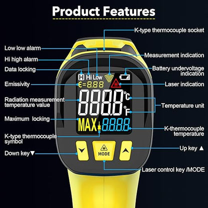 Infrared Thermometer Temperature Gun, TEMIRUP Non-Contact Digital IR Laser Temp Gun -58°F to 1472°F, K-Type Probe -40°F~1202°F, for Cooking, Pizza Oven, BBQ, HVAC, Home & Industrial