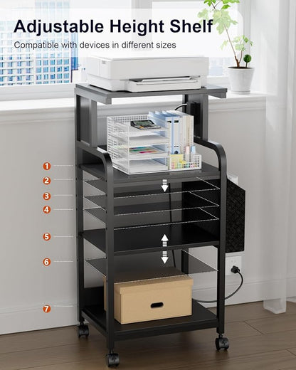 DongRong Tall Printer Stand with Storage Adjustable Shelf and Bag, 4-Tier Large Printer Table with Charging Station for Home Office, Printers Cart with Wheels for 3D Shredder Scanner Fax (Black)